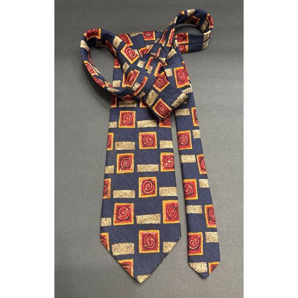 Lands’ End Direct Merchants Silk Tie – Navy with Red Spiral Squares & Tan - Picture 4 of 4